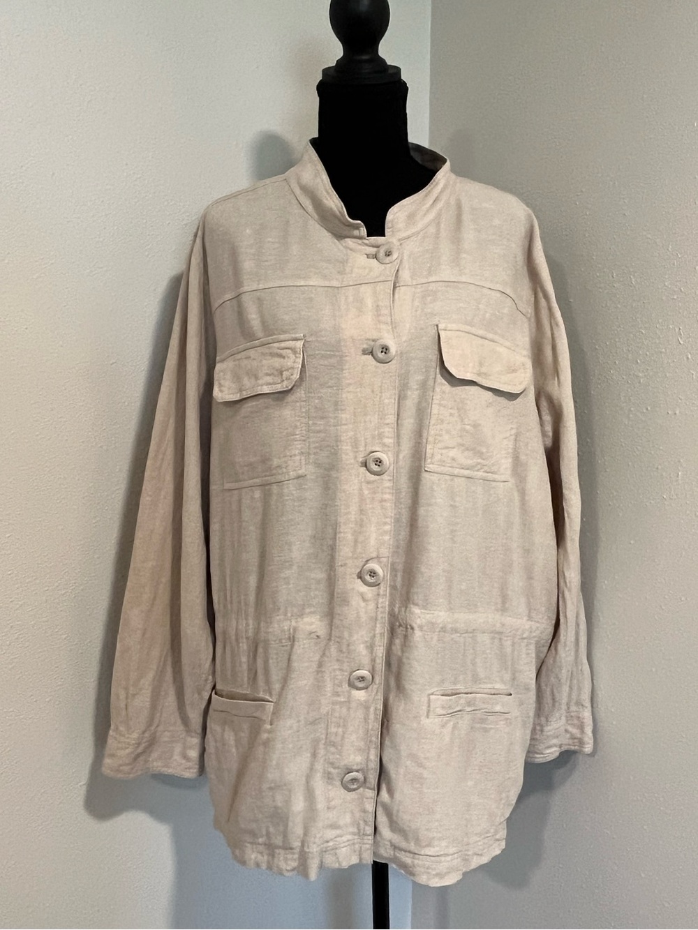 CJ Banks Neutral Button-Front Utility Jacket in Beige-2X-Linen Blend